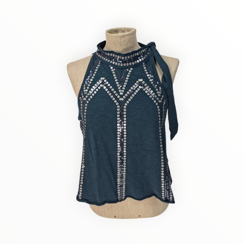 Free People NWT XS Dark Turquoise Sequin Oversized Swing Halter Mock Neck Top